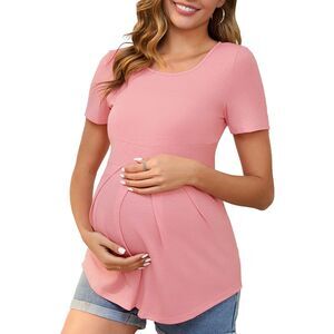 Maternity Short Sleeve Crewneck Wrinkle Design Waist Tiered T-Shirt Pink